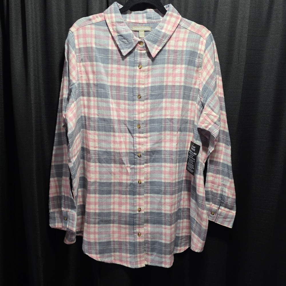 Woman Within Pink Grey Plaid Cotton Button Down Shirt Plus Size Large 18/20‎
